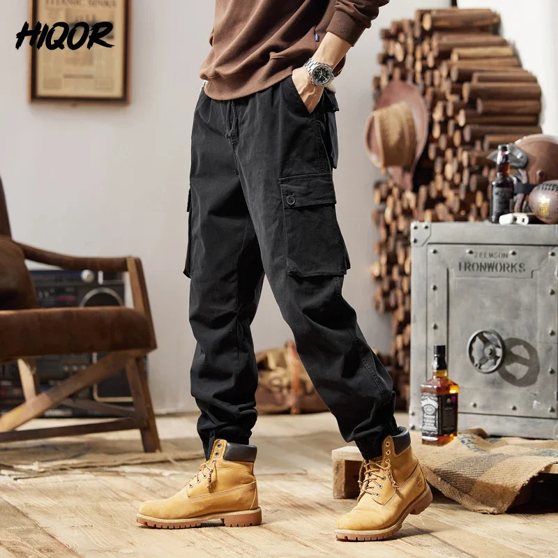 HIQOR 전술 카고 바지 남성 가을 겨울 야외 하이킹 조깅 멀티 포켓 바지 streetwear 카고 조깅 바지 남성용