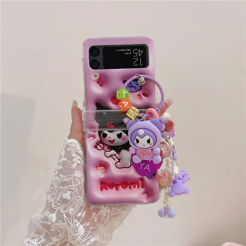 For Samsung Galaxy Z Flip 4 3 5G Cute Cartoon Kuromi Bracelet stand Holder  Case