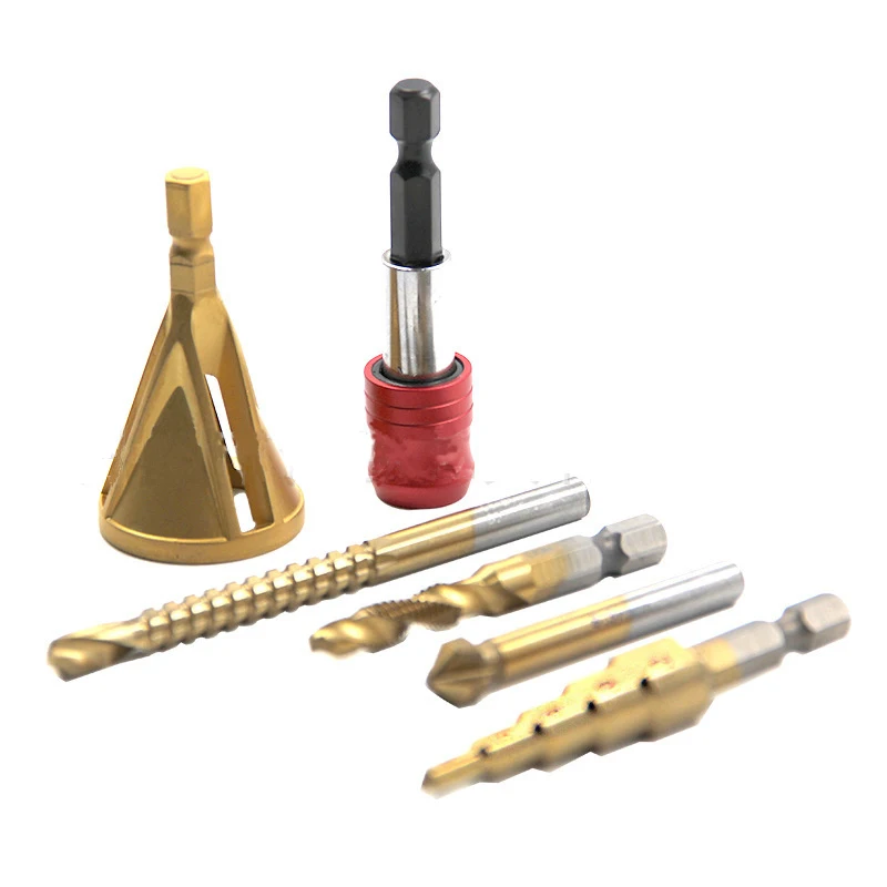 6Pcs Titanium Coated HSS Drill Bits Set Chamfer  Drilling Tap Bits Thread Screw Wood Metal Plastic Hole Saw  Woodworking Tools