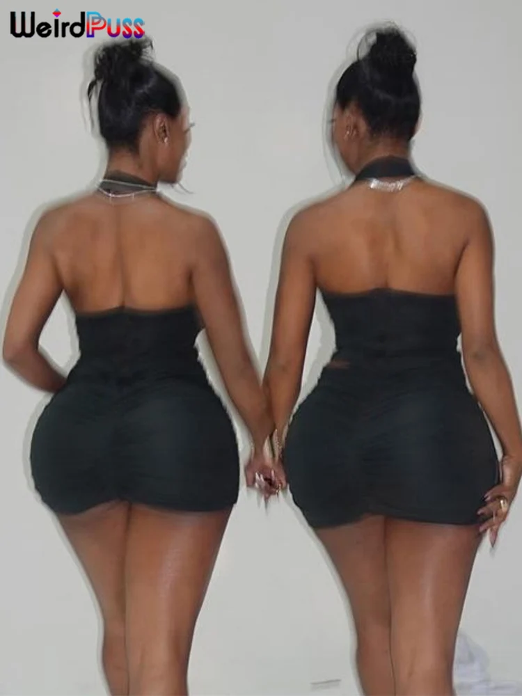 Weird Puss Peach Buttocks Dress Women Ruched Hollow Halter Backless Sexy Heart Metal Buckle Party Vacation Hipster Mini Bodycon 2