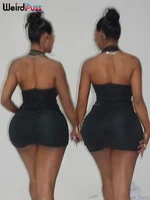 Weird Puss Peach Buttocks Dress Women Ruched Hollow Halter Backless Sexy Heart Metal Buckle Party Vacation Hipster Mini Bodycon 2