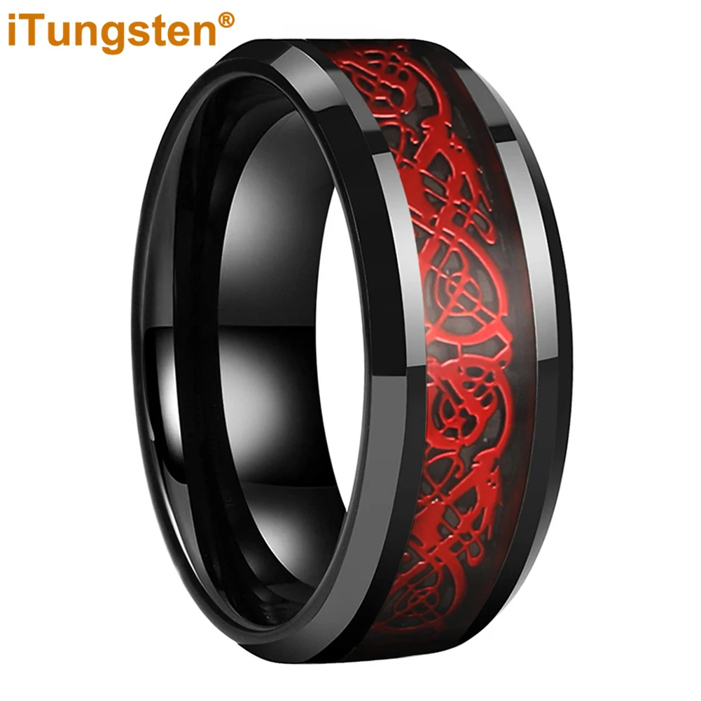 

iTungsten 8mm Tungsten Red Dragon Ring Men Women Engagement Wedding Band Fashion Jewelry Black Carbon Fiber Inlay Comfort Fit