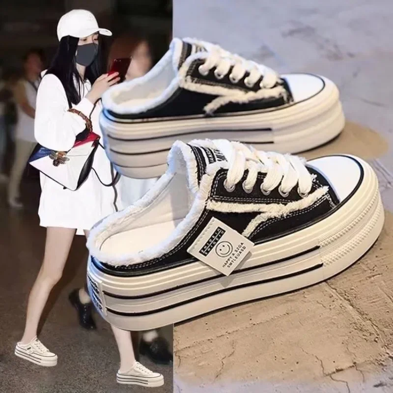 Women's Canvas Half Slippers Breathable Casual Sneakers for Women Platform Vulcanize Shoes Comfort Slip on Loafers Zapatos Mujer 3