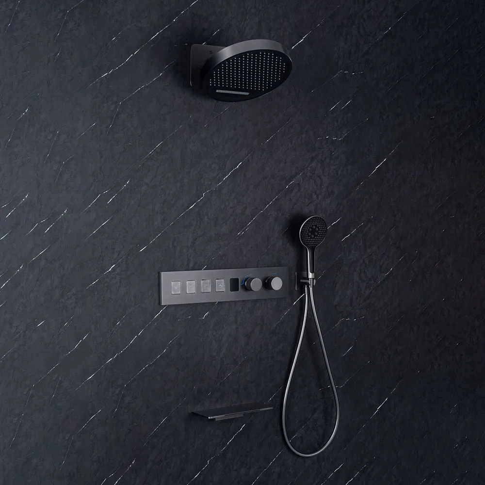 ชุดฝักบัวโครเมียม พร้อมจอแสดงผลดิจิตอลอัจฉริยะ LED, ชั้นวางของด้านข้าง, ฝักบัวแบบน้ำตก, ก๊อกผสมน้ำร้อนน้ำเย็นแบบฝังผนังทองเหลือง 1