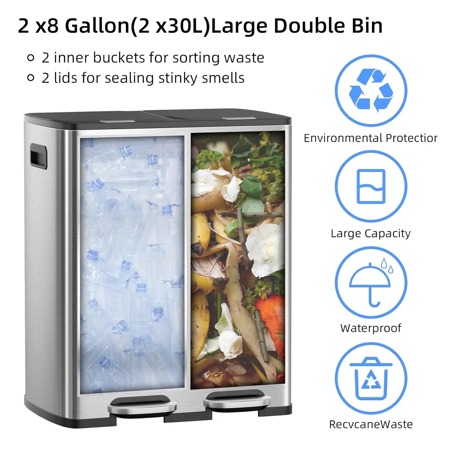 60 Liter / 16 Gallon Dual Trash Can with Lid, Stainless Steel Kitchen Step Garbage Can, 2 x 8 Gal Double, Customized 3