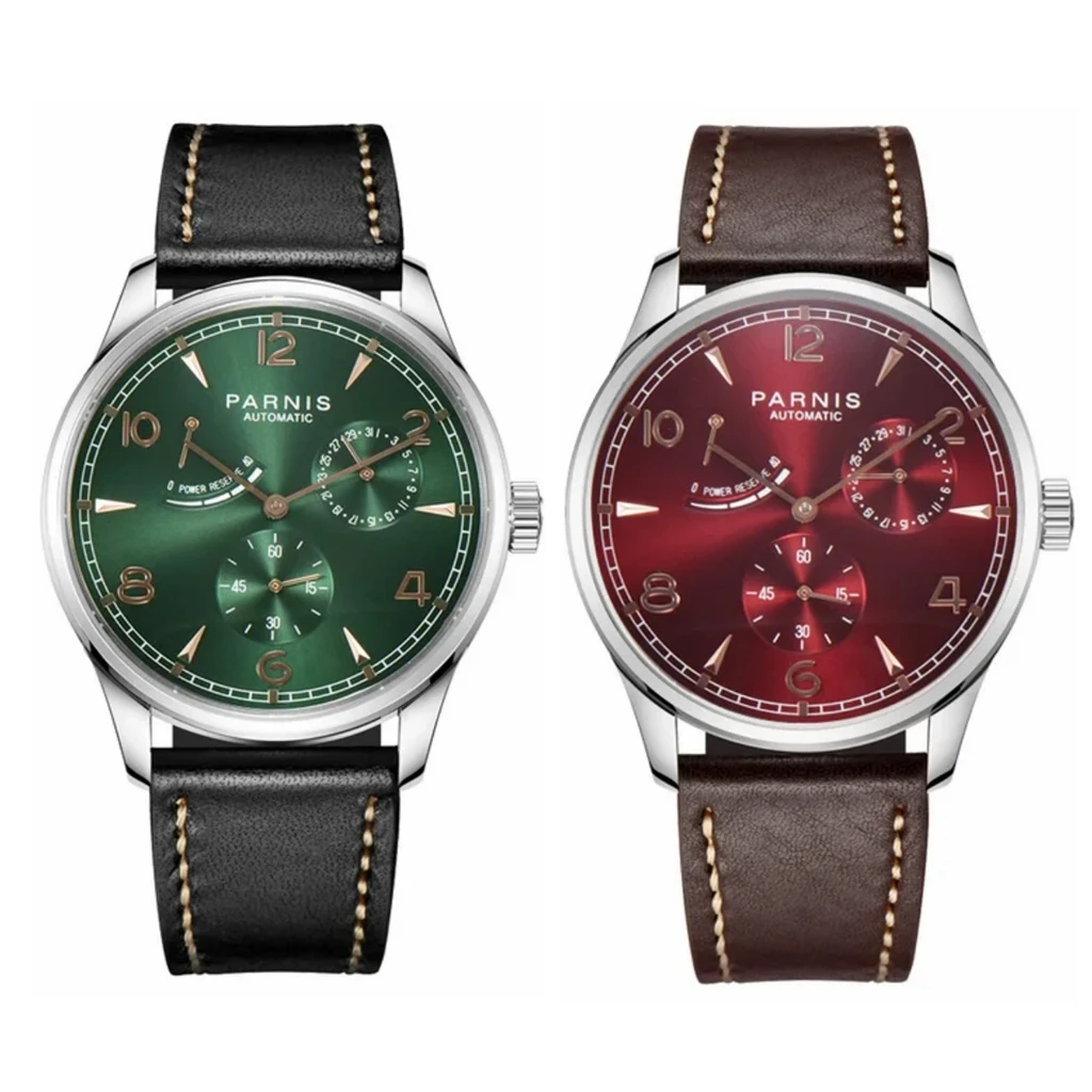 

New Parnis 41.5mm Green/Red Dial Mechanical Automatic Men Watch Leather Strap Calendar Men's Waterproof Wristwatches