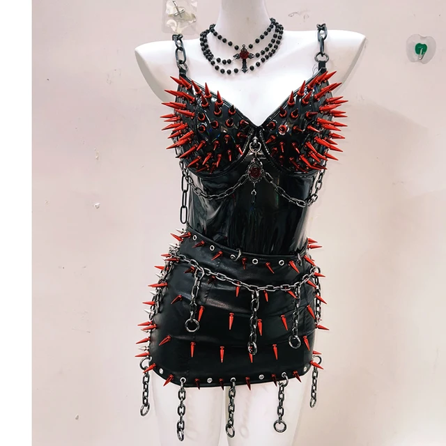 Red Spikey Chain Top and Skirt Set 1