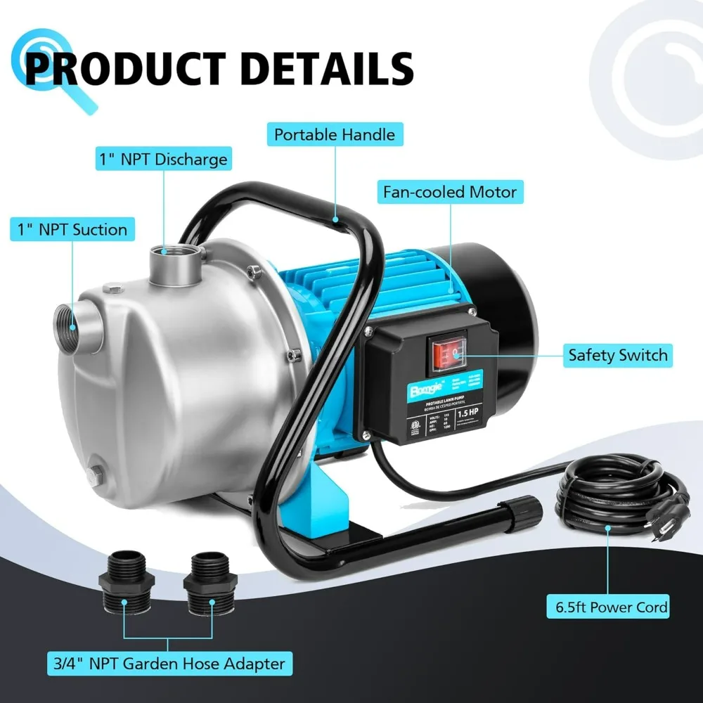 Portable 1.5HP Shallow Well Pump for Efficient Water Transfer, Garden Irrigation, and Lawn Fountain Boosting