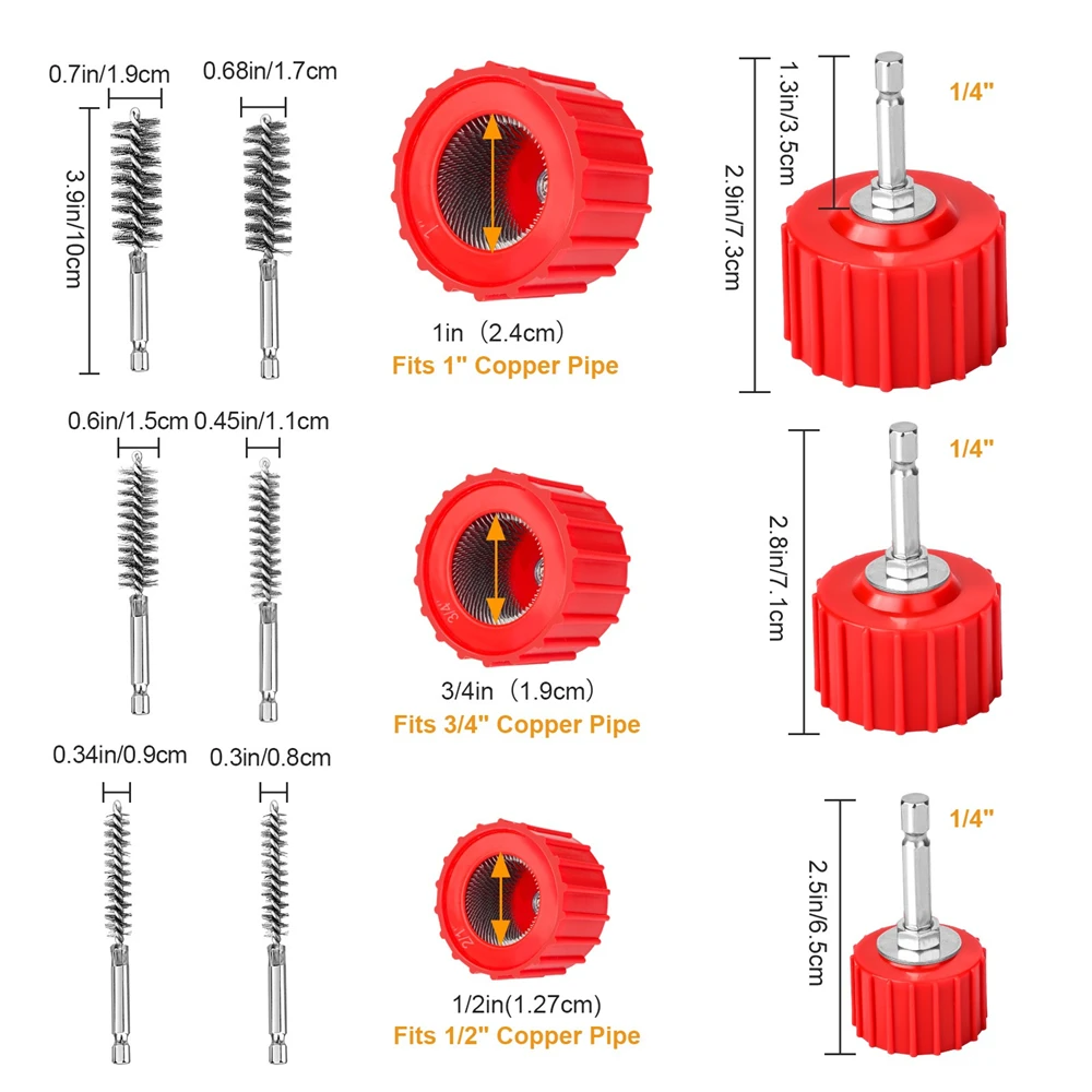 9PCS/Set Copper Pipe Cleaning Brush Stainless Steel Rust Removal Polishing Cleaning Brush Tool Freeshipping