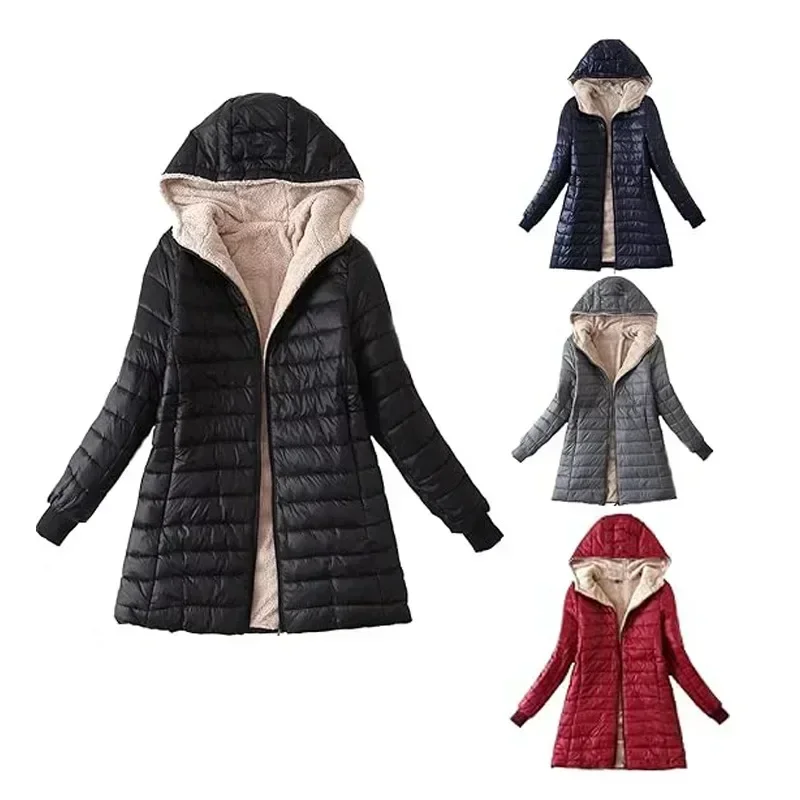 Women Winter Warm Lined Quilted Jacket Fuzzy Fleece Lightweight Zip Long Sleeve Hooded Coat With Pocket Fashion Coats Outwear