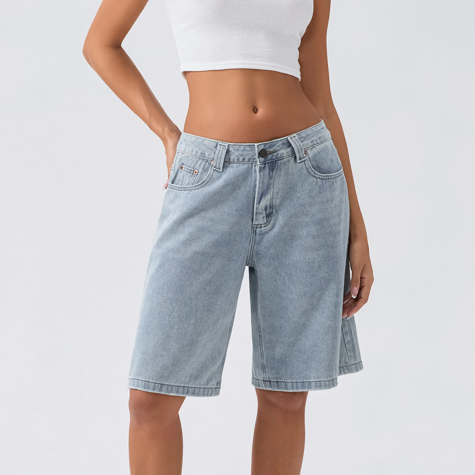 New Fashion Womens Knee Length Denim Shorts Loose Solid Color Low Rise Wide Leg Long Shorts With Pockets For Summer S-2XL