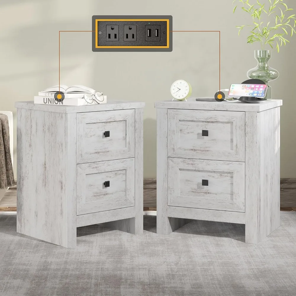 Large Nightstand Set of 2 with Charging Station, Bedside Table with USB Ports and Outlets, Farmhouse Wood End Table
