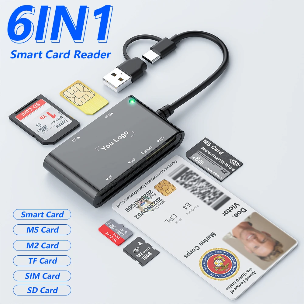 Lector de tarjetas multifunción inteligente 6 en 1 USB/Tipo C a Smart/MS/M2/TF/SIM/SD lector de tarjetas bancarias para transferencia de ordenador portátil 1