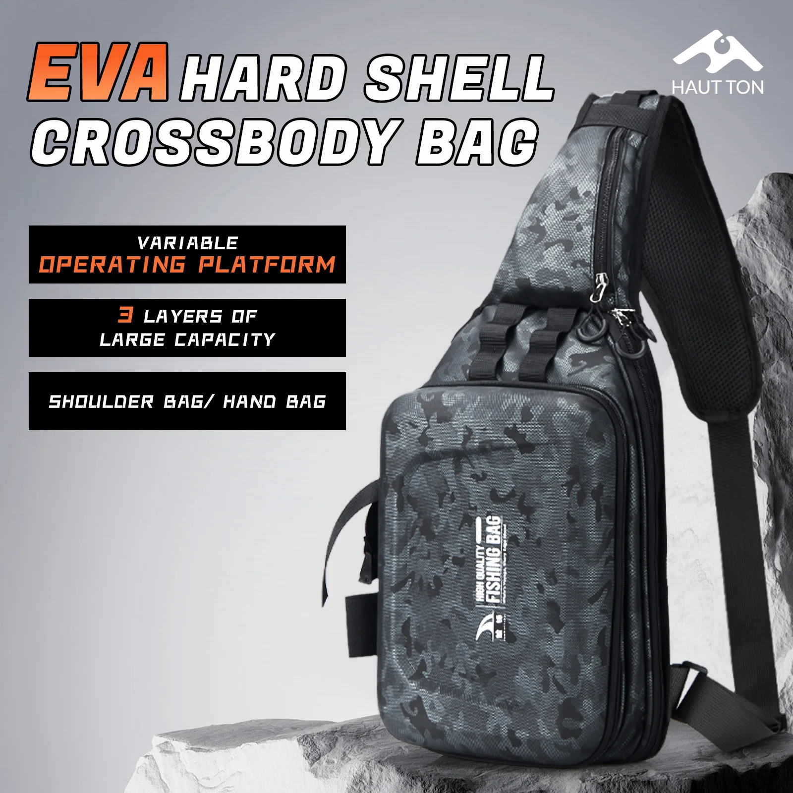 Sac à dos leurres coque EVA rigide waterproof avec plateforme pliable et grand rangement pêche