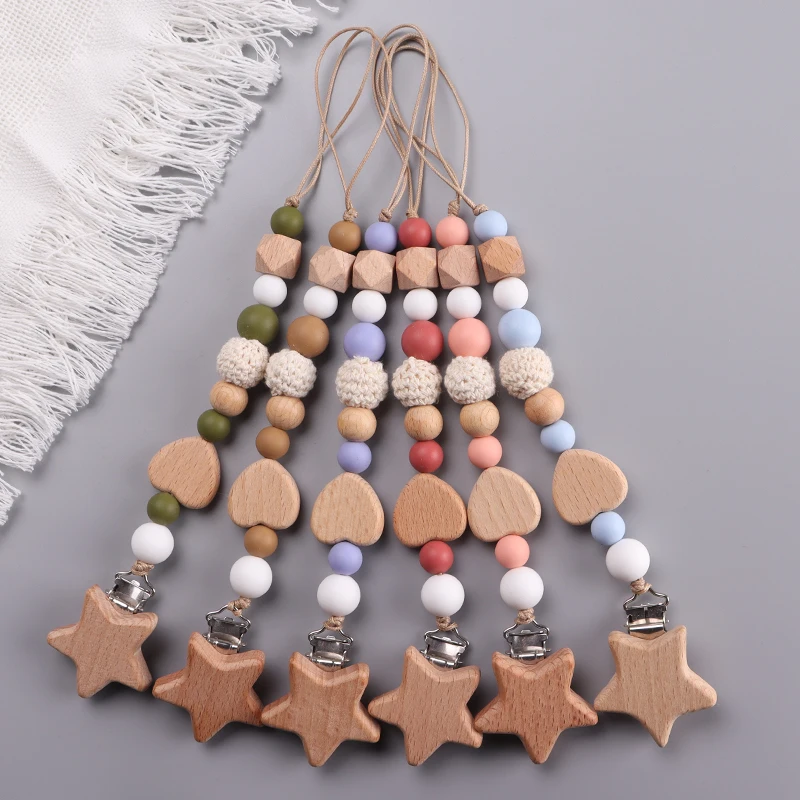 Baby Wooden Pentagram Pacifier Holder Clip Wood Crochet Bead Silicone Soother Teething Nursing Chew Toy Newborn Dummy Chain