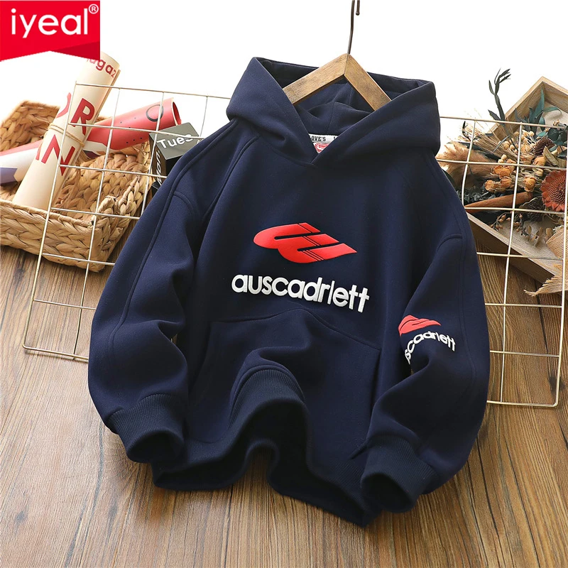 

IYEAL Autumn and Winter New Boys' Warm Fleece Letter Hooded Sweatshirt Long Sleeve Thickened Winter Hoodie Boys' Clothing