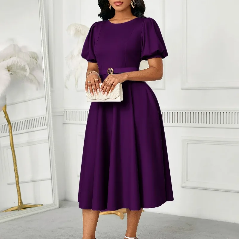 2025 New Office Lady Work O-Neck Puff Sleeve Wrap Waist A-line Blue Dresses  with Belt Women Fall Bodycon African Birthday Robe - AliExpress 200000345