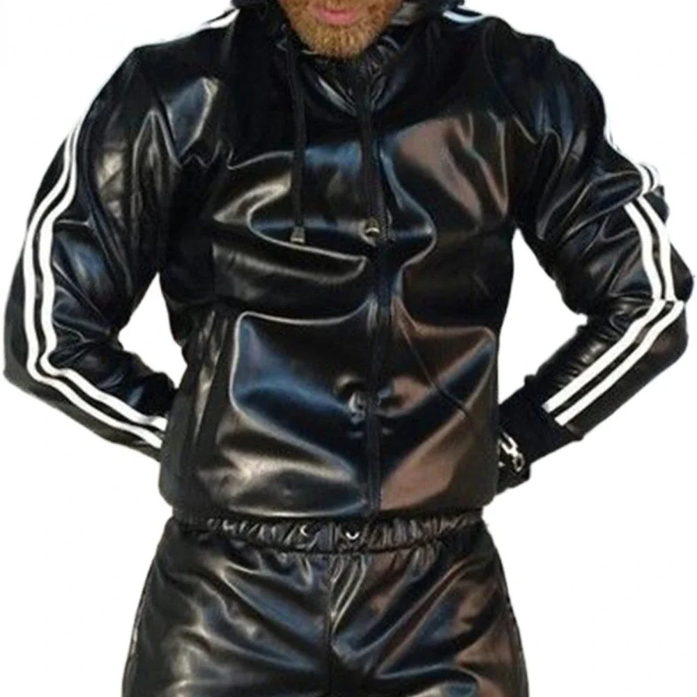 Men's PU Leather Jackets Hoodie Jogging Suit Motocross Jersey and Pants
