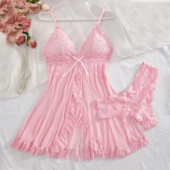 Un ensemble de sous-vêtements pour femmes, chemise de nuit, string, grande taille, bretelles, Lingerie en dentelle, accessoires Sexy, soutien-gorge érotique, chemise de nuit