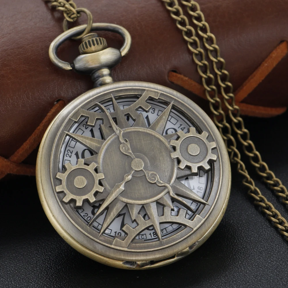 Bronze Steam Punk Quartz Pocket Watch Hollow Time Gear Fob Chain Watch Pendant Necklace Gift Men's Children's Gift fashion 40cm fob chain smooth steel quartz pocket watch bronze vintage quartz pocket watch chain necklace pendant clock gift