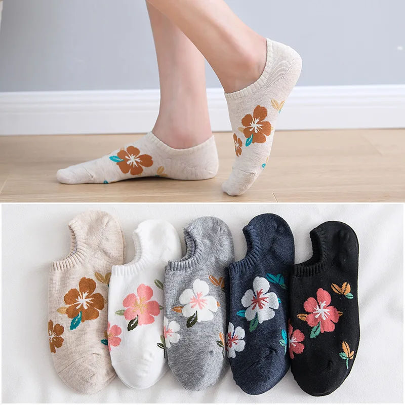 

Floral Print Sock Slippers Women Summer Invisible No Show Socks Cotton Thin Breathable Sweet Girls Cute Low Cut Ankle Boat Socks