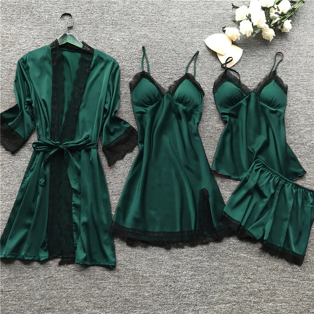 

Slik Satin Lace Splice Sleepwear 4 Piece Pajamas Set Sexy Nightdress Robe+Suspenders Vest Tops +Shorts Solid Color Homewear Suit