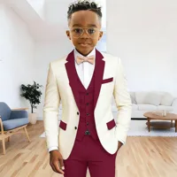Ensemble de costume formel ivoire pour garçon, 3 pièces (veste + gilet + pantalon), revers cranté, smoking pour enfants de 2 à 16 ans, pour mariage, bal de promo, fête 4