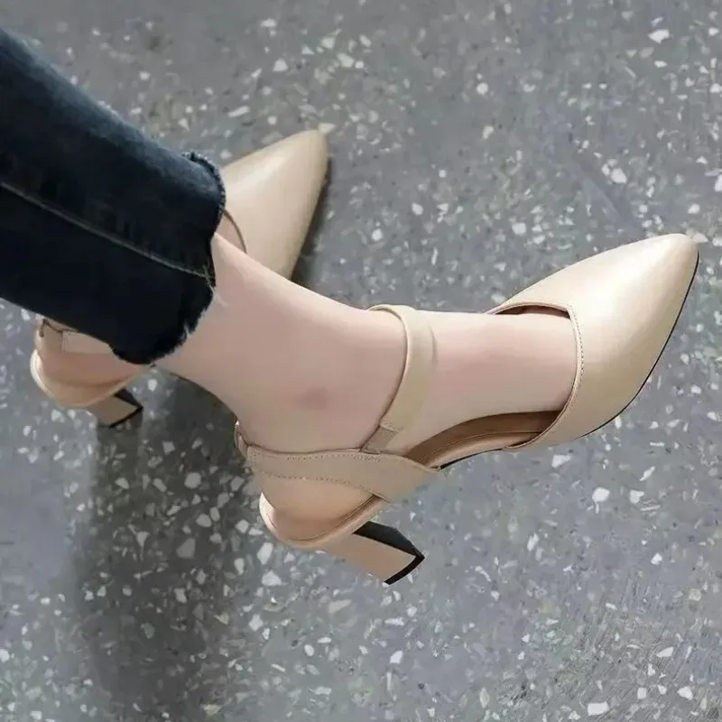 Women High Heels Shoes Pointed Toe Thick Heel Soft Sexy Pu Leather Slip on Pumps Sandals Lady Elegant Casual Party Office Shoes