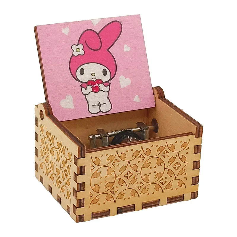Kawaii My Melody Kuromi Wooden Music Box Hand Crank Antique Engraved Musical Box Case Christmas Gifts 2