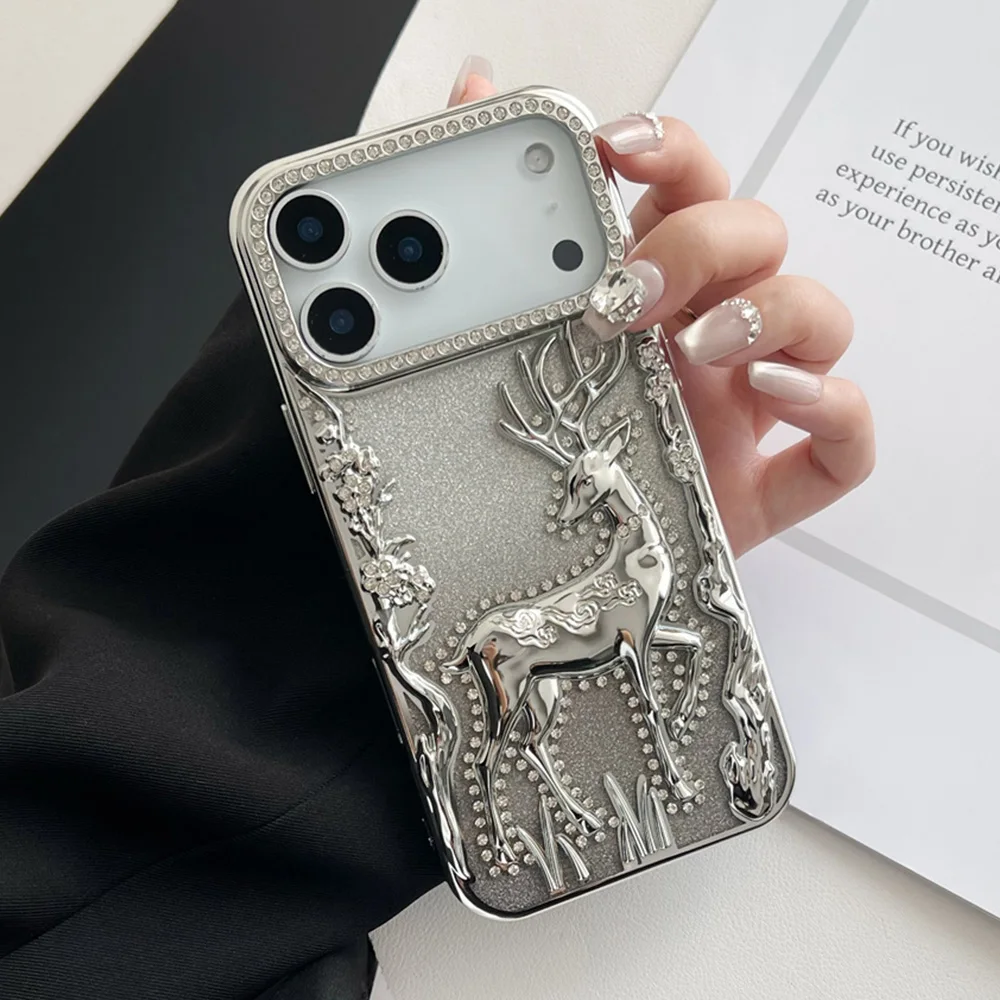 Glitter Rhinestone Deer Phone Case with Full Screen Protection and Soft Plating Armor Design