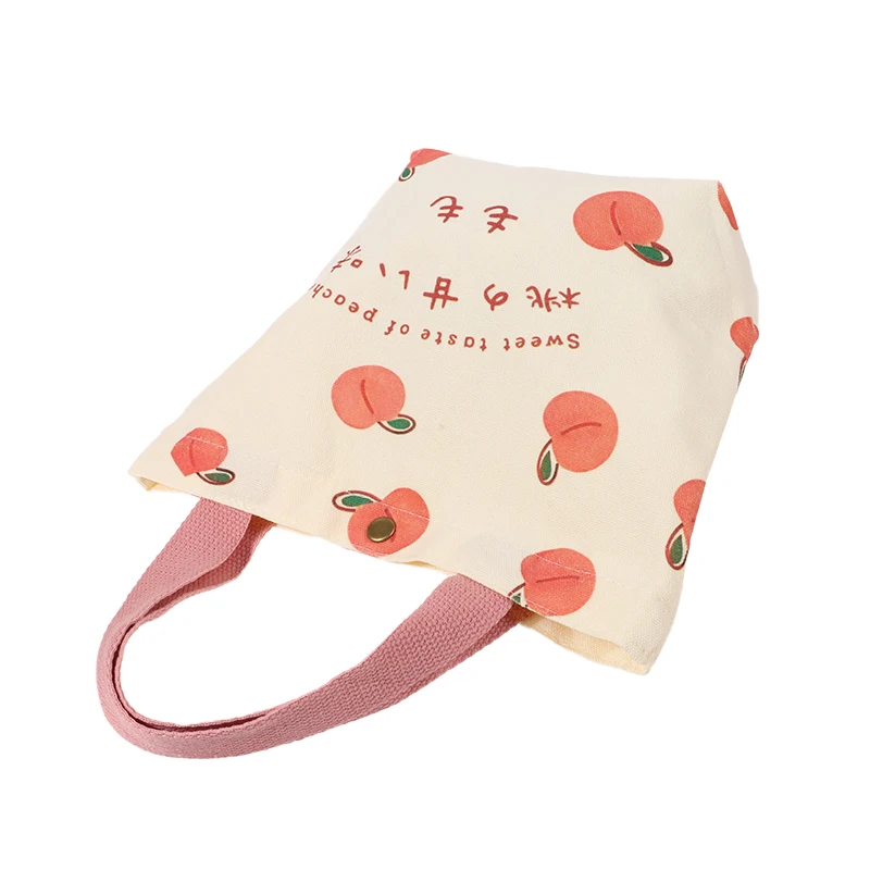 Small Canvas Women Tote Food Bag Japanese Peach Hand Lunch Bag Korean Mini Student Handbags Cotton Cloth Picnic Travel Bento