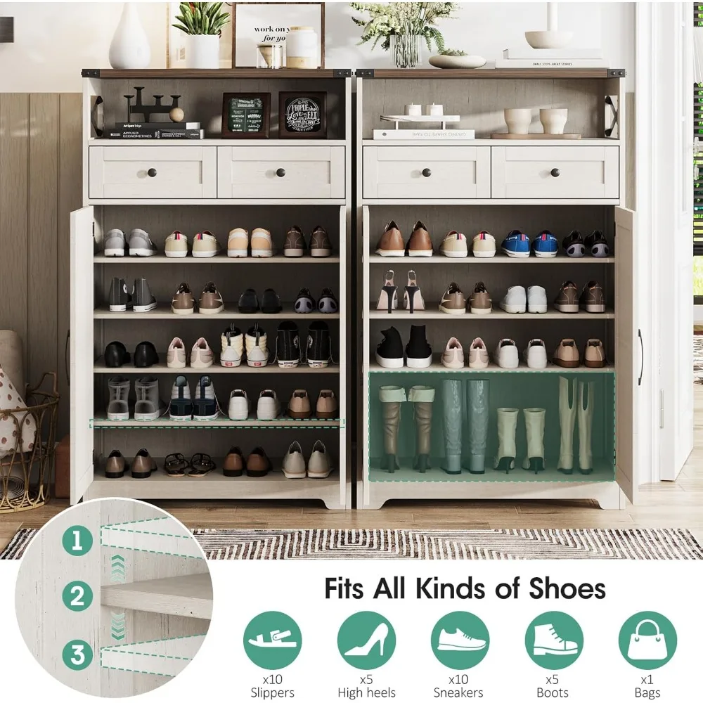 Shoe Cabinet with Doors, Farmhouse Storage Cabinet with 2 Drawers & Adjustable Shelves, Shoe Cabinet Storage Living Room 4