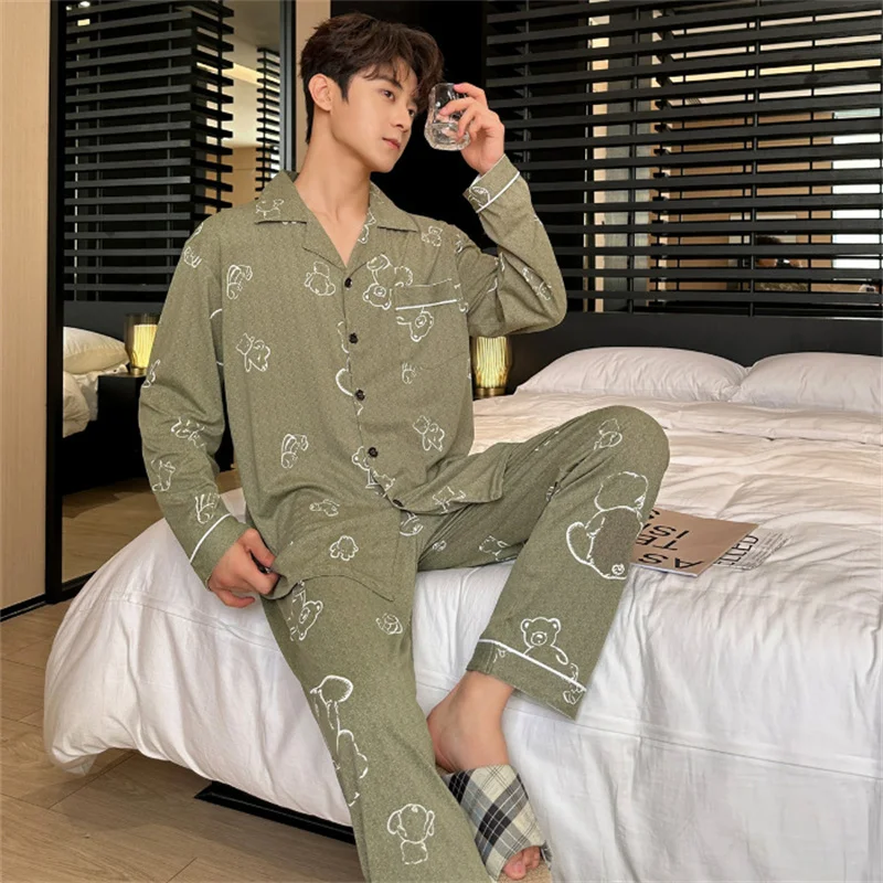 Spring Autumn Men's Thin Printed Pajamas Lapel Long Sleeve Cardigan Pants Two Piece Set Oversized Casual Home Clothing