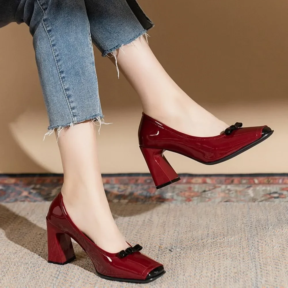 Women Heels Spring  Autumn Season Sweet Retro Colored Bow Tie Single Shoes Women Thick Middle Heel Square Headed Women's Shoes 4
