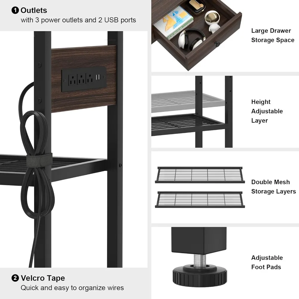 47'' Entryway Table with Outlets & USB Ports, 3 Drawers, Storage Shelves for Living Room, Black Walnut
