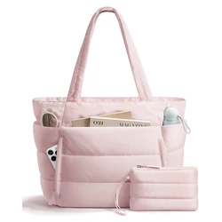 Chic Lightweight Puffy Tote Bag with Multiple Compartments for Women - Perfect for Travel, Work, and Gym (Pink)