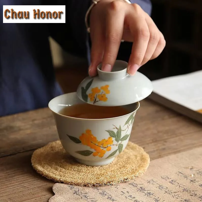 150ml Japanese Style Underglaze Color Hand-painted Loquat Cover Bowl Ceramic Tea Cup Kung Fu Tea Set Tea Bowl Tea Ceremony Gift
