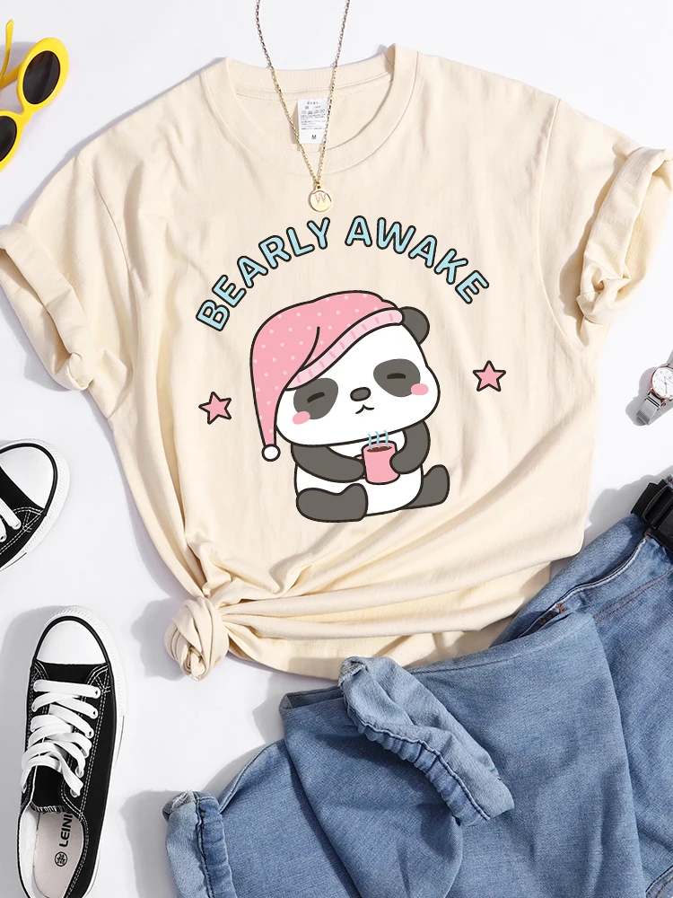 

Bearly Awake Panda With Coffee Print Tshirt Summer Casual Crop Top Personality Street Tee Clothing Breathable Fashion T Shirts