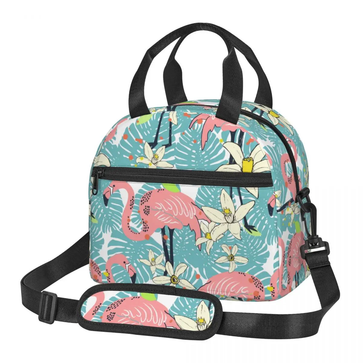 Flamingo Tropical Con Fiori Grandi Borse Per Il Pranzo Con Isolamento Termico Con Tracolla Regolabile Cooler Thermal Food Box
