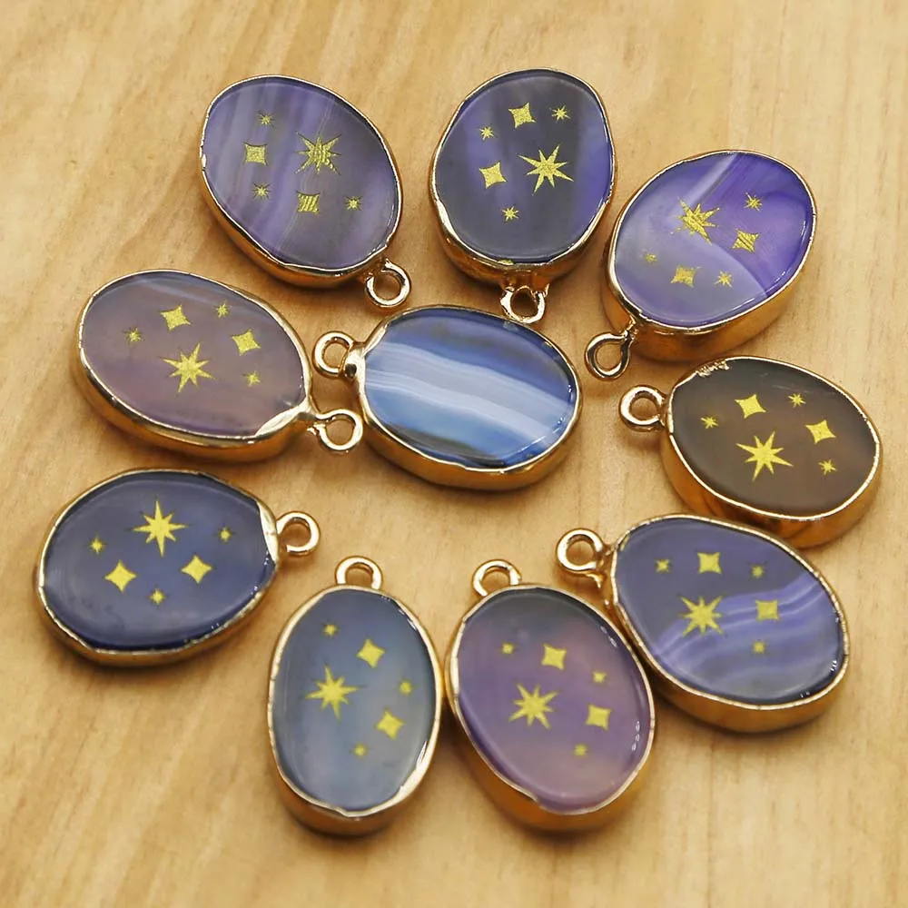 Natural Agate Jade Blue Crystal Powder Crystal Oval Star Pendant Necklace Fashion Charm Jewelry Accessories Gift Wholesale 10Pcs