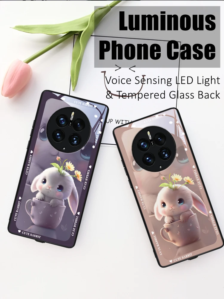 

Cute Bunny Colorful LED Light Glow Luminous Tempered Glass Phone Case for OnePlus 6 6T 7 7T 8 8T 9 9R 10 Ace Nord 2 N10 N200 Pro