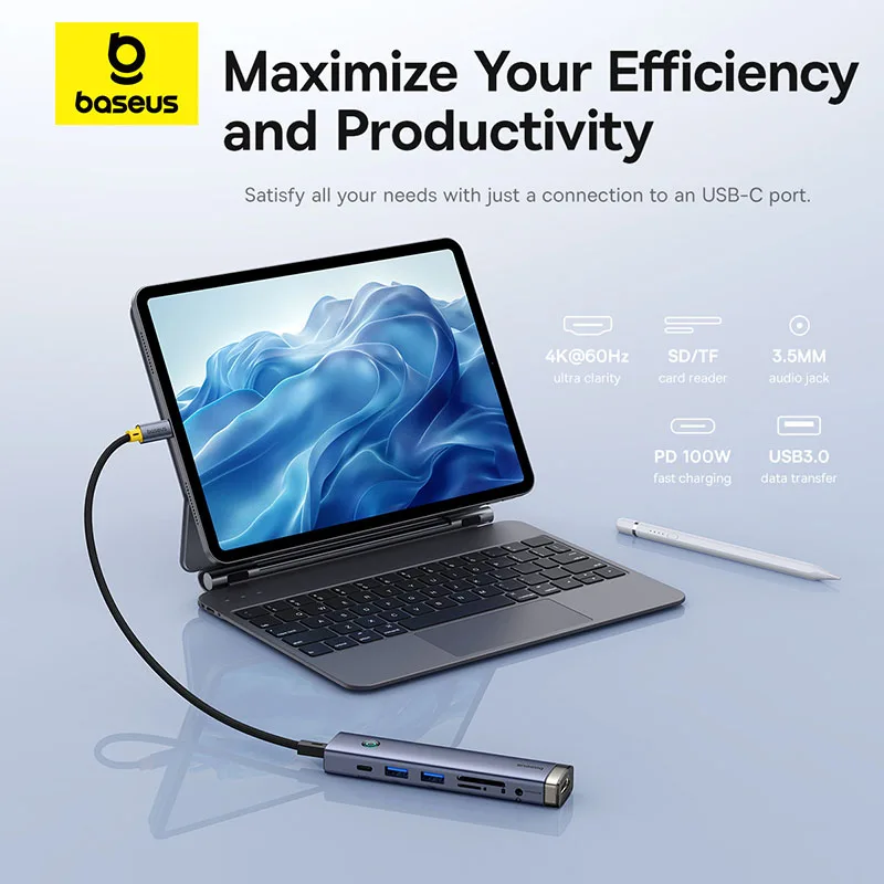 Baseus-hub Usb c para Hdmi 4k 60hz Usb tipo c 3.0 Rj45 pd 100w sd Cartão tf Adaptador Slim Dock para Macbook pc - Imagem 6