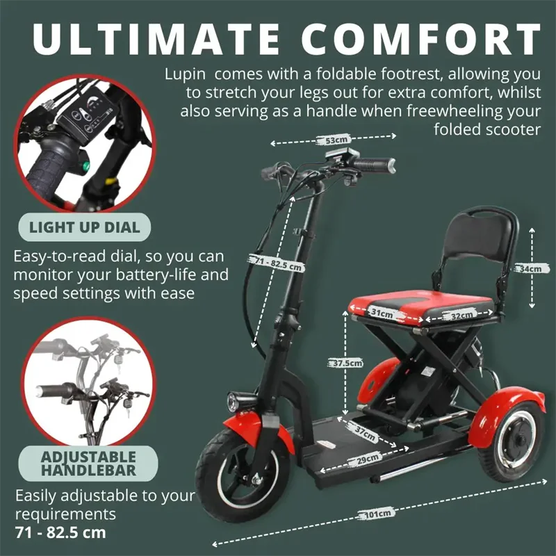36V 300W 3 Wheel Mobility Scooter for Seniors 10 Inch Portable Foldable Lightweight Elderly Electric Tricycle Removable Battery