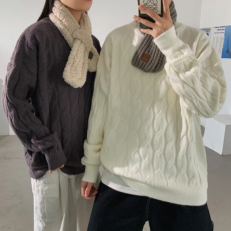 

Winter Neutral Sweater Unisex Elegant Solid Color Coarse Wool Lined Warm Knitted Pullover Slim Tops Jersey Knitwear Brand New