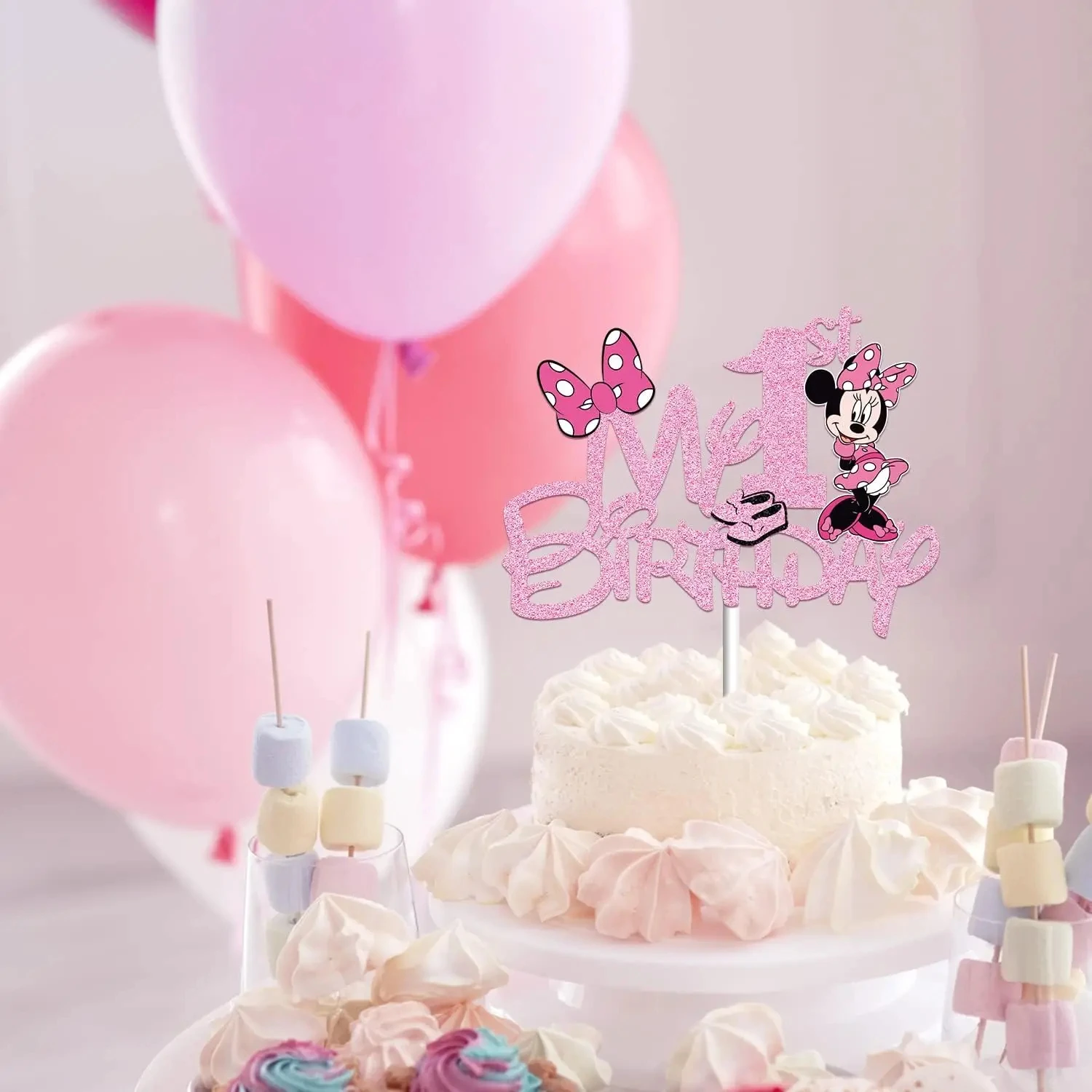 Decoraciones para pastel de Minnie Mouse rosa para niños, Mickey y Minnie  Mouse para adorno para pastel de fiesta de cumpleaños, suministros de  bandera para pastel de Baby Shower, 1 año de edad - ..., image size:1500x1500