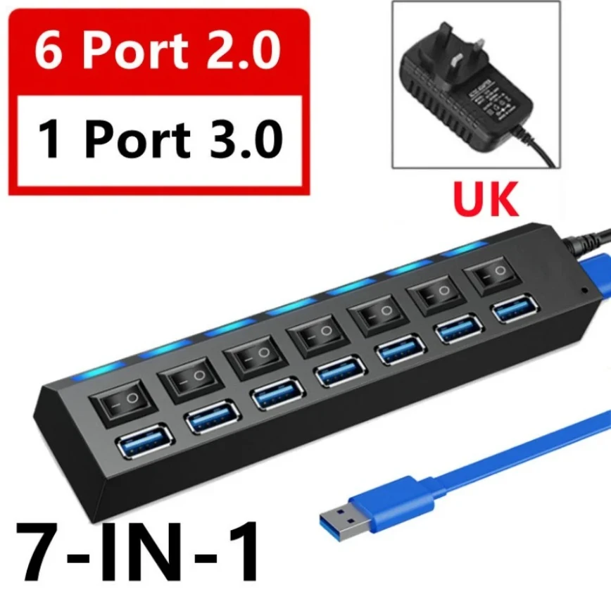 High-Speed 7-Port USB 3.0 Hub with Individual Power Switches and LED Indicators
