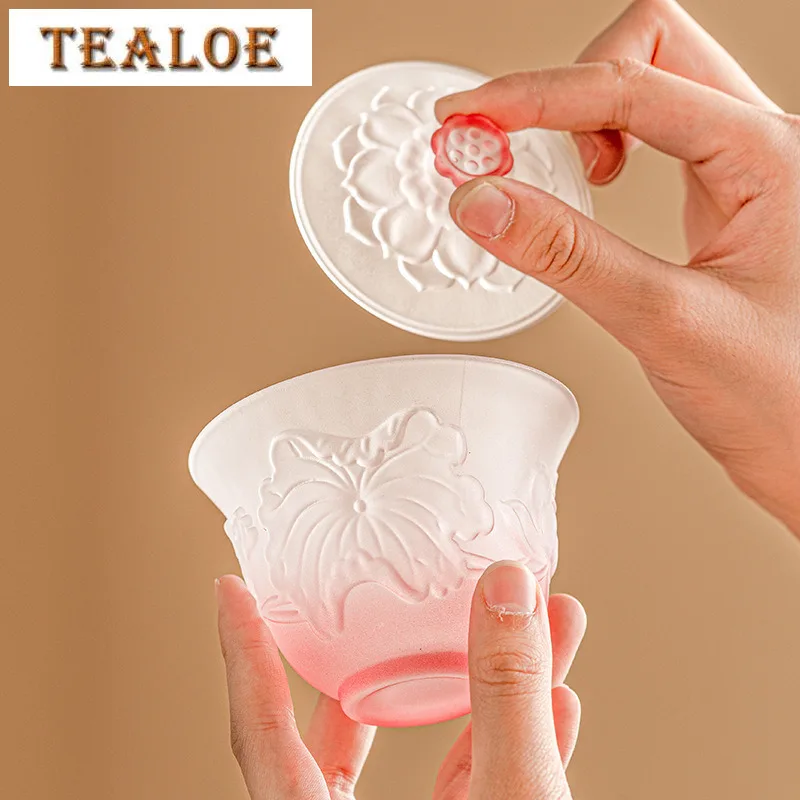 120ml Elegant Gradient Pink Blue Lotus Glass Gaiwan High End Crystal Three Talent Tea Tureen Tea Brewing Cover Bowl Cafes Craft