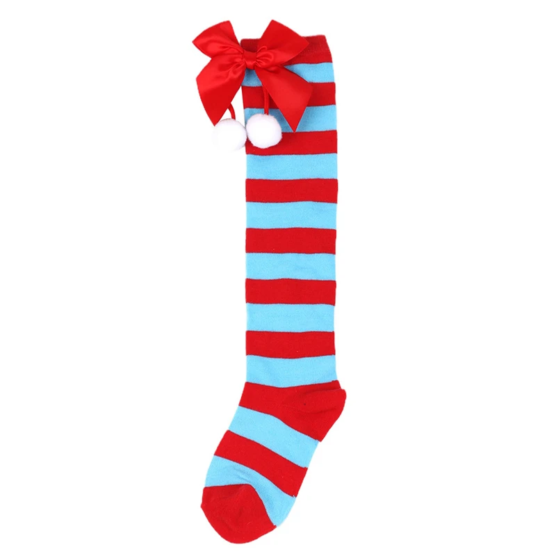 

Girl Christmas Thigh High Socks Striped Print Teen Girls Over the Knee Long Socks with Bowknot