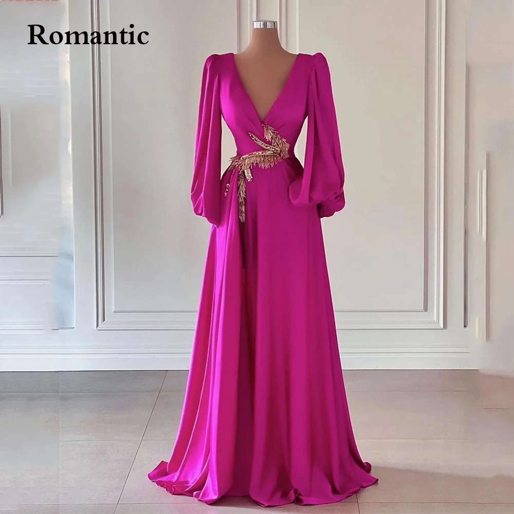 Romantic Prom Gowns 2022 A Line V Neck Fulle Sleeves Sequin Belt