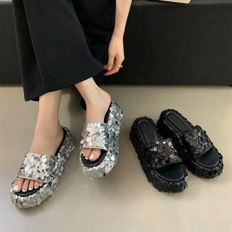 

Black High Heel Slippers Wedges Shoes For Women Sandals Leisure Platform Slippers Summer Beach Shoes Silver Sequin Sandalias